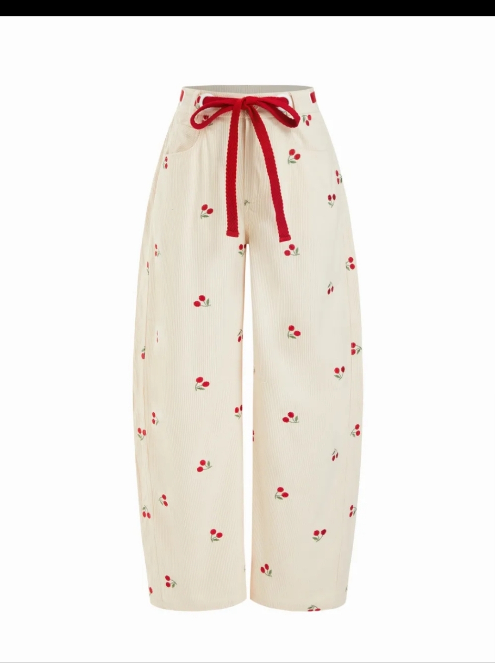 Cider Corduroy Mid Rise Cherry Embroidery Barrel Leg Trousers - Picture 2 of 11